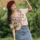 Flower Embroidered Short-sleeve Knit Top Almond - One Size