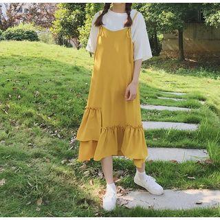 Spaghetti Strap Plain Midi Dress Curcumin - One Size