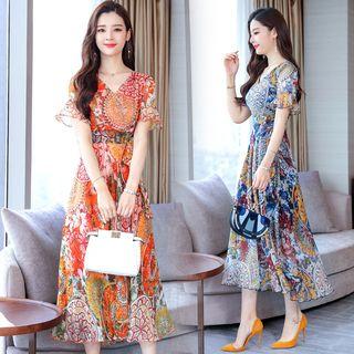 Short-sleeve Print Midi Chiffon Dress