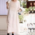 Lace Panel Elbow Sleeve Oversized Dress Linen - One Size