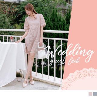 Tie-waist V-neck Short-sleeve Lace Dress