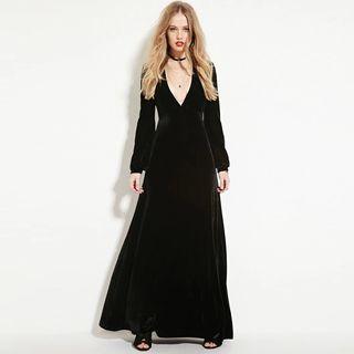 Deep Plunge Long-sleeve Maxi Dress