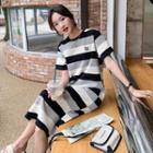 Short Sleeve Tiger Embroidered Color Block Midi T-shirt Dress