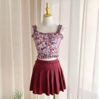 Set: Sleeveless Floral Print Swim Top + Skirt