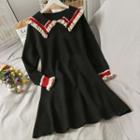 Ruffled-trim Colorblock Knit Mini Dress Black - One Size