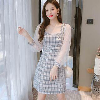 Mesh Long-sleeve Panel Square-neck Plaid Dress