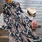 Floral Print Long Sleeve Pleated Dress