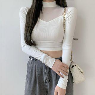 Mock-neck Mesh Panel Cropped T-shirt