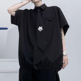 Set: Short-sleeve Shirt + Floral Embroidered Neck Tie