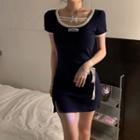 Short-sleeve Contrast Trim Mini Dress Blue - One Size