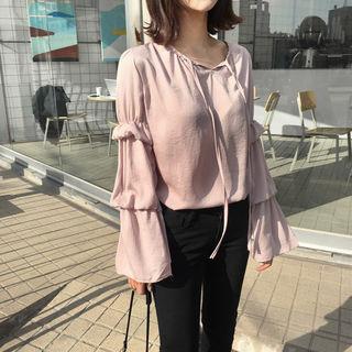 Tie-front Shirred-sleeve Top