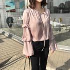 Tie-front Shirred-sleeve Top