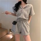 Short-sleeve Drawstring-waist Wide-leg Romper Gray - One Size