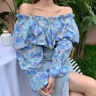 Long-sleeve Off-shoulder Floral Print Blouse
