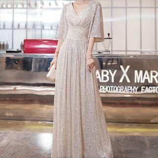 Bell-sleeve V-neck Sequined A-line Evening Gown (various Designs)