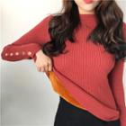 Long-sleeve Button Accent Fleece Lined Knit Top