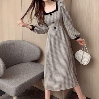 Square-neck Plaid Midi A-line Dress