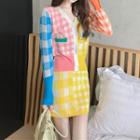 Set: Plaid Cardigan + Knit Skirt Cardigan - Multicolor - One Size / Skirt - Multicolor - One Size