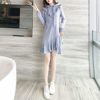Lace Panel Hooded Long-sleeve Shift Dress
