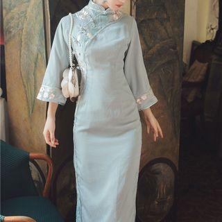 3/4-sleeve Embellished Midi Qipao Dress