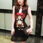 Sleeveless Floral Embroidered Mesh Sheath Dress