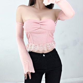Long-sleeve Lace Trim Off-shoulder Crop Top