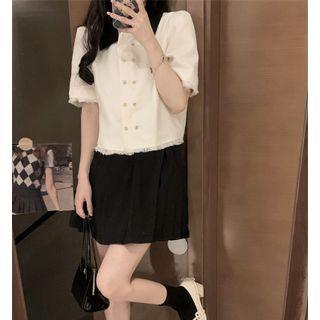 Short-sleeve Frayed Two-tone Top / Plain A-line Mini Skirt