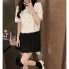 Short-sleeve Frayed Two-tone Top / Plain A-line Mini Skirt