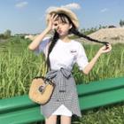 Set: Short-sleeve Embroidered T-shirt Dress + Plaid Mini A-line Skirt
