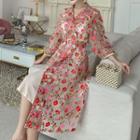 Long-sleeve Floral Double Breasted Midi Coat Dress