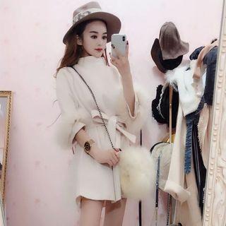 Furry Trim 3/4-sleeve A-line Dress