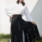 Set: Bow-neck Blouse + Chinese Character Print Wide-leg Pants