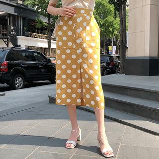 Band-waist Slit-front Polka-dot Skirt