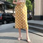 Band-waist Slit-front Polka-dot Skirt