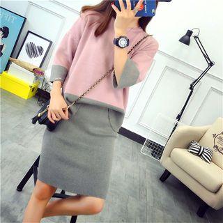 Set: 3/4-sleeve Knit Pullover + Knitted Skirt