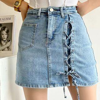 Side-tie Mini A-line Denim Skirt
