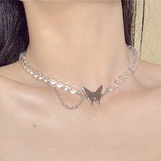 Butterfly Bead Chain Necklace 0454a - Silver - One Size