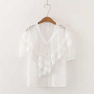 Lace Panel V-neck Short-sleeve Dotted Blouse White - One Size