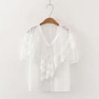 Lace Panel V-neck Short-sleeve Dotted Blouse White - One Size