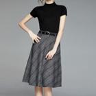 Set: Short-sleeve Mock-neck Knit Top + Plaid Midi A-line Skirt