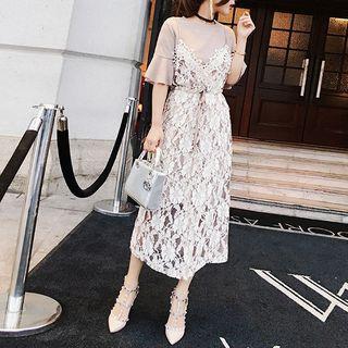 Set: Short-sleeve T-shirt + Strappy Lace Midi Dress
