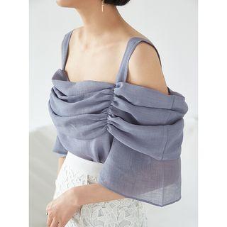 Open Shoulder Elbow-sleeve Chiffon Top