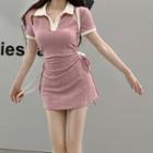 Short-sleeve Collar Cut-out Mini Sheath Dress Light Pink - One Size