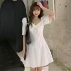 Short-sleeve Button Mini A-line Dress White - One Size