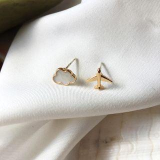 Cloud & Plane Glaze Asymmetrical Alloy Earring 1 Pair - S925 Silver Earring - White & Gold - One Size