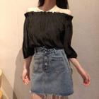 Off-shoulder 3/4-sleeve Top / Plain High Waist Mini Skirt