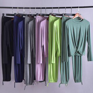 Yoga Set: Long-sleeve Twisted Top + Drawstring Cuff Pants