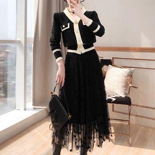Contrast Trim Cardigan / Dotted Midi A-line Mesh Skirt / Set