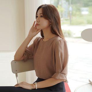 Bell-cuff Tie-back Checked Blouse