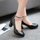 Pearl Ankle Strap Block Heel Pumps